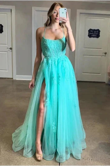 Wholesale Turquoise Backless Spaghetti Straps Split Appliqued Prom Dress
